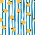 Seamless random pattern with bright yellow butterfly fish ornament. White and blue striped background Royalty Free Stock Photo