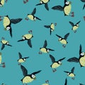 Seamless random pattern with cartoon kids style puffin bird shapes. Blue background. Arctic animal print