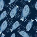 Seamless random pattern with doodle blue surgeon fish silhouettes. Dark navy blue background with splashes