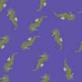 Seamless random pattern with doodle green seahorse silhouettes print. Blue background. Simple design Royalty Free Stock Photo