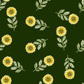 Seamless random pattern with doodle hand drawn orange folk flowers silhouettes. Green olive background