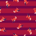 Seamless random pattern with doodle orange bright ara parrot ornament. Pink striped background Royalty Free Stock Photo