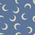 Seamless random pattern with grey colored islamic ramadan moon ornament. Blue background Royalty Free Stock Photo