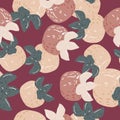 Seamless random pattern with pale palette. Persimmons ornament on maroon background