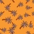 Seamless random pattern with pale purple palm tree shapes print. Orange background. Summer hawaii print Royalty Free Stock Photo