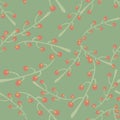 Seamless random pattern in pale tones with pink berries with branches. Light green background