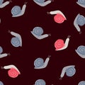 Seamless random pattern with pink and blue colored snails. Stylized wildlife artwotk with maroon dark background