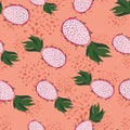 Seamless random pattern with pitahaya silhouettes. Coral pastel background with splashes