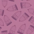 Seamless random pattern with purple contoured bird cage silhouettes. Violet background Royalty Free Stock Photo
