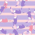 Seamless random pattern with purple and pink colored toucan birds shapes. Striped background