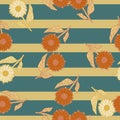 Seamless random pattern with summer field sunflowers silhouettes in orange tones. Blue striped background Royalty Free Stock Photo