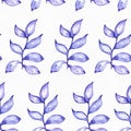Seamless raster large illustration with blue and purple plants, based on rubber plant shape. Square floral pattern on white waterc