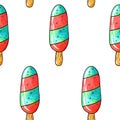 Seamless raster pattern of blue red ice cream on stick with creamy taste on white isolated background Royalty Free Stock Photo