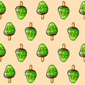 Seamless raster pattern of green ice cream on stick with kiwi fruit flavor on beige background Royalty Free Stock Photo