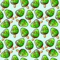 Seamless raster pattern of green ice cream on stick with kiwi fruit flavor on light blue background Royalty Free Stock Photo