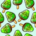 Seamless raster pattern of green ice cream on stick with kiwi fruit flavor on light blue background Royalty Free Stock Photo