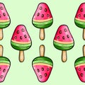 Seamless raster pattern of red green ice cream on stick with watermelon flavor on light green background Royalty Free Stock Photo