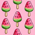 Seamless raster pattern of red green ice cream on stick with watermelon flavor on pink background Royalty Free Stock Photo
