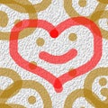 Seamless raster pattern of red hearts with a smile and gold abstract doodles on a light textured background. Royalty Free Stock Photo