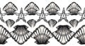 Seamless raster pattern with seashells and starfish in monochrome color. Watercolor texture. Nautical border.