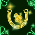 Seamless raster pattern for St. Patrick`s Day. Green leaves of clover and gold horseshoes with coins.