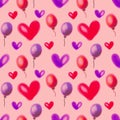 Seamless raster pattern. Watercolor background with hand drawn air ballons and hearts. Royalty Free Stock Photo