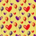 Seamless raster pattern. Watercolor background with hand drawn air ballons and hearts Royalty Free Stock Photo