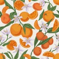 Seamless realistic citrus pattern with whole fruits, blossomed flowers and leaves of orange tree on white background