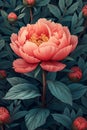 Watercolor peony flowers with leaves seamless pattern