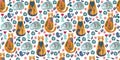Seamless rectangular pattern with cute cats and birds, flowers and leaves on a white background, vector