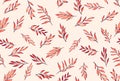 seamless rectangular pattern of watercolor plant branches on a soft red background.