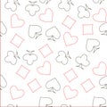 Seamless red and black outline spades hearts, diamonds, clubs, poker, cards symbols on white pattern