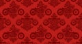 Seamless Red Damask Pattern with Motorcycle Silhouette Royalty Free Stock Photo