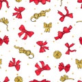 Seamless red and golden bows pattern. Royalty Free Stock Photo