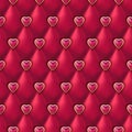 Seamless red leather texture with pink golden hearts buttons. Vector silk satin textile, Valentines day background. Royalty Free Stock Photo