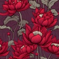 Seamless red lotus flowers Dark purple background. Leave. More details by Generative AI