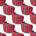 Seamless Red Plaid Pattern Featuring Cosmetic Bags on White Background Royalty Free Stock Photo