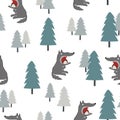 Seamless Red Riding Hood fairy tale pattern. Wolf swallowed little girl.