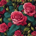 Seamless red roses and buds illustration pattern, vintage wallpaper design