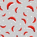 seamless red Santas hats pattern with snowflakes on gray backdrop. christmas or holiday winter background. Santa cap pattern for Royalty Free Stock Photo