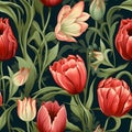 Seamless red tulips Dark green background. Leave. Intricate details by Generative AI