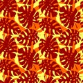 seamless red-yellow pattern of tropical leaves contours, texture