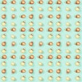 Seamless regular creative pattern with gloden shiny small Christmas balls on mint colored paper