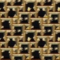 Seamless relief 3d mosaic pattern of scratched black and gold cubes and pyramidal shapes