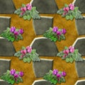 Seamless relief pattern of gray stones and pink flowers