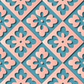 Seamless relief sculpture decoration retro pattern check geometry cross pink flower kaleidoscope