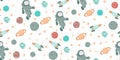 Seamless repeat childish space pattern with comets, astronaut and planets. Children's background for textiles