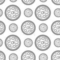 Seamless repeat food pattern with monochrome outline pizza