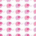 Seamless repeat pattern of baby elephants and hearts in pink and white. Happy animal geometric vector design ideal for