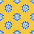 Seamless repeat pattern with blue and gold flowers on yellov background. For drawn fabric, gift wrap, wall art design